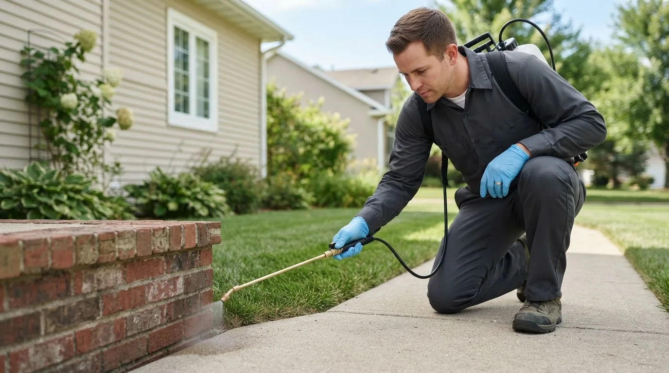 Pest control technician treating a home near Breaks, VA