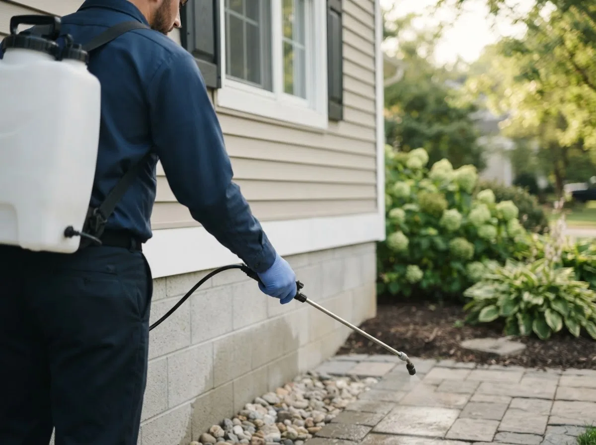 Pest control technician inspecting a home in Breaks, VA